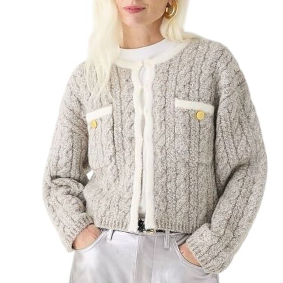 J Crew‎ Cardigan L Grey Cable-knit Sweater Lady Jacket BV344 Gold Buttons Preppy - Picture 7 of 15